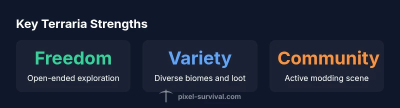Infographic showing Terraria strengths: freedom, variety, and community