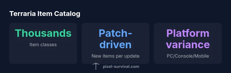 Infographic showing item classes, patch-driven growth, and platform variance for Terraria items