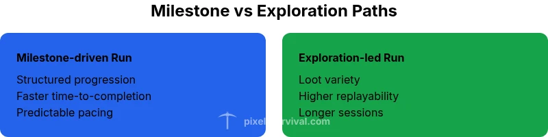 Infographic comparing milestone-driven and exploration-led Terraria playthroughs
