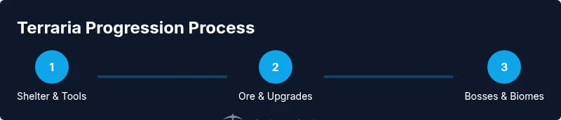Infographic showing a three-step Terraria progression: shelter and tools, ore upgrades, bosses and biomes