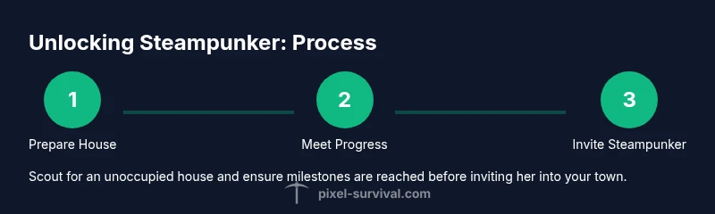 Infographic showing steps to unlock Steampunker in Terraria